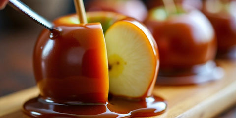 Slicing a caramel apple with a knife