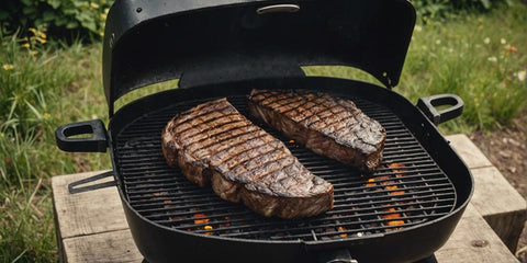 Three essential grilling knives on a rustic wooden table with a grill in the background.