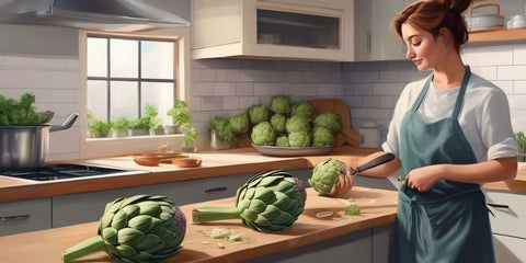 person cutting artichoke in kitchen