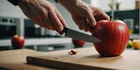 Cutting a red apple with a knife in hand.