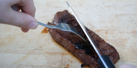 chef slicing steak in kitchen with chef's knife