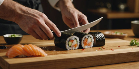 Chef slicing sushi roll on wooden board with fresh ingredients like avocado, cucumber, and fish in the background.